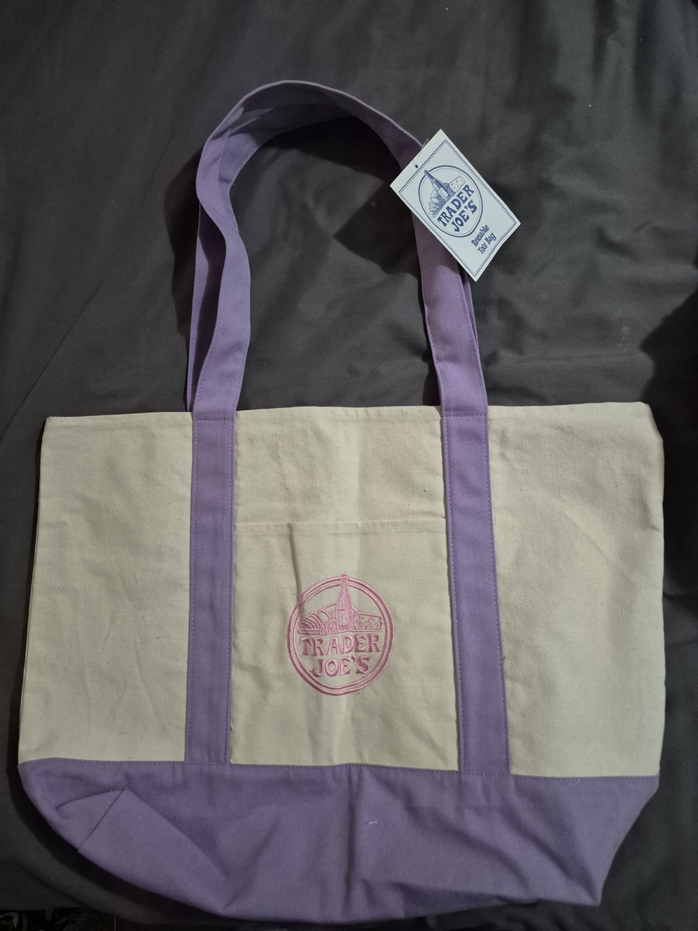 Trader Joe's Cream Canvas Tote with Lavender Accents - Picture 2 of 3